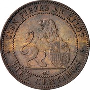 Spain 10 Centimos Amadeo I 1870 OM KM# 663 CIEN PIEZAS EN KILOG OM DIEZ CENTIMOS coin reverse Spain 10 Centimos Amadeo I 1870 OM KM# 663 CIEN PIEZAS EN KILOG OM DIEZ CENTIMOS coin reverse