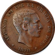 Spain 10 Centimos Alfonso XII 1878 OM KM# 675 ALFONSO XII POR LA GRACIA DE DIOS G S 1878 coin obverse Spain 10 Centimos Alfonso XII 1878 OM KM# 675 ALFONSO XII POR LA GRACIA DE DIOS G S 1878 coin obverse