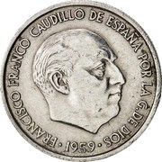 Spain 10 Centimos Francisco Franco 1959 Proof KM# 790 FRANCISCO FRANCO CAUDILLO DE ESPANA POR LA G.DE DIOS 1959 coin obverse Spain 10 Centimos Francisco Franco 1959 Proof KM# 790 FRANCISCO FRANCO CAUDILLO DE ESPANA POR LA G.DE DIOS 1959 coin obverse
