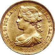 Spain 10 Escudos Isabel II 1868 (68) KM# 636.1 ISABEL 2A. POR LA G DE DIOS Y LA CONST 1868 coin obverse Spain 10 Escudos Isabel II 1868 (68) KM# 636.1 ISABEL 2A. POR LA G DE DIOS Y LA CONST 1868 coin obverse