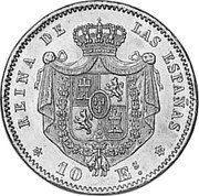 Spain 10 Escudos Isabel II 1868 (73) KM# 636.3 REYNA DE LAS ESPANAS 10 E coin reverse Spain 10 Escudos Isabel II 1868 (73) KM# 636.3 REYNA DE LAS ESPANAS 10 E coin reverse