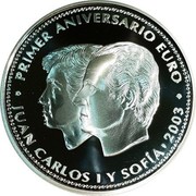 Spain 10 Euro 1st Anniversary of the Introduction of the Euro 2003 (M) Proof KM# 1092 2003 JUAN CARLOS I Y SOFÍA PRIMER ANIVERSARIO EURO coin obverse Spain 10 Euro 1st Anniversary of the Introduction of the Euro 2003 (M) Proof KM# 1092 2003 JUAN CARLOS I Y SOFÍA PRIMER ANIVERSARIO EURO coin obverse