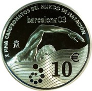 Spain 10 Euro World Swimming Championships - Barcelona 2003 (M) Proof KM# 1094 X FINA CAMPEONATOS DEL MUNDO DE NATACIÓN BARCELONA03 M 10 € coin reverse