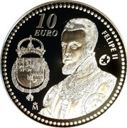 Spain 10 Euro Philip II 2009 Proof KM# 1214 10 EURO M FELIPE II coin reverse Spain 10 Euro Philip II 2009 Proof KM# 1214 10 EURO M FELIPE II coin reverse