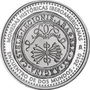Spain 10 Euro Encounter of the two Worlds - Historical coins 2010 Proof KM# 1175 MONEDAS HISTÓRICAS IBEROAMERICANAS M ENCUENTRO DE DOS MUNDOS 2010 REX ET REGINA CASTELE LEGIONIS ARA coin obverse Spain 10 Euro Encounter of the two Worlds - Historical coins 2010 Proof KM# 1175 MONEDAS HISTÓRICAS IBEROAMERICANAS M ENCUENTRO DE DOS MUNDOS 2010 REX ET REGINA CASTELE LEGIONIS ARA coin obverse