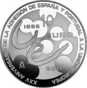 Spain 10 Euro 25th Anniversary of Entrance of Spain and Portugal in EU 2011 Proof KM# 1219 XXV ANIVERSARIO DE LA ADHESIÓN DE ESPAÑA Y PORTUGAL A LA UNIÓN EUROPEA 10 EURO UE M 1986-2011 coin reverse