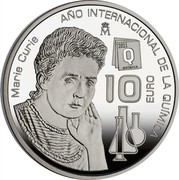 Spain 10 Euro International Year of Chemistry 2011 Proof KM# 1185 10 EURO AÑO INTERNACIONAL DE LA QUÍMICA MARIE CURIE coin reverse