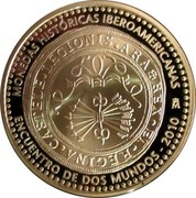 Spain 10 Euro Ibero American series 2011 Proof KM# 1220 2010 ENCUENTRO DE DOS MUNDOS M MONEDAS HISTORICAS IBEROAMERICANAS REX ET REGINA CASTELE LEGIONIS ARA coin reverse