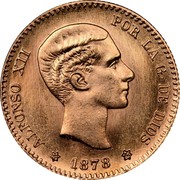 Spain 10 Pesetas Alfonso XII 1878 (78) EM-M KM# 677 ALFONSO XII POR LA G DE DIOS 1879 coin obverse Spain 10 Pesetas Alfonso XII 1878 (78) EM-M KM# 677 ALFONSO XII POR LA G DE DIOS 1879 coin obverse
