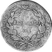 Spain 10 Rs 1821 LT KM# 560.3 Milled Real Coinage REY DE LAS ESPAÑAS RESELLADO 10 RS L SR T coin reverse Spain 10 Rs 1821 LT KM# 560.3 Milled Real Coinage REY DE LAS ESPAÑAS RESELLADO 10 RS L SR T coin reverse