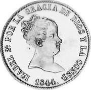 Spain 10 Rs Isabel II 1844 CL KM# 585.1 ISABEL 2ª POR LA GRACIA DE DIOS Y LA CONST 1844 coin obverse Spain 10 Rs Isabel II 1844 CL KM# 585.1 ISABEL 2ª POR LA GRACIA DE DIOS Y LA CONST 1844 coin obverse