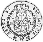 Spain 10 Rs Isabel II 1844 CL KM# 585.1 REYNA DE LAS ESPAÑAS M CL 10 RS coin reverse Spain 10 Rs Isabel II 1844 CL KM# 585.1 REYNA DE LAS ESPAÑAS M CL 10 RS coin reverse