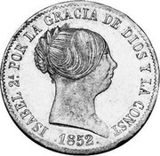 Spain 10 Reales Isabel II 1852 KM# 595.1 ISABEL 2A POR LA GRACIA DE DIOS Y LA CONST 1852 coin obverse Spain 10 Reales Isabel II 1852 KM# 595.1 ISABEL 2A POR LA GRACIA DE DIOS Y LA CONST 1852 coin obverse