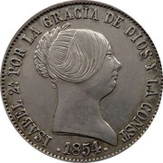 Spain 10 Reales Isabel II 1854 KM# 595.3 ISABEL 2A POR LA GRACIA DE DIOS Y LA CONST 1854 coin obverse Spain 10 Reales Isabel II 1854 KM# 595.3 ISABEL 2A POR LA GRACIA DE DIOS Y LA CONST 1854 coin obverse