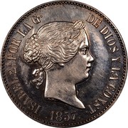 Spain 10 Reales Isabel II 1857 KM# 611.2 ISABEL 2A. POR LA G DE DIOS Y LA CONST 1857 coin obverse Spain 10 Reales Isabel II 1857 KM# 611.2 ISABEL 2A. POR LA G DE DIOS Y LA CONST 1857 coin obverse