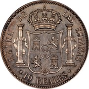 Spain 10 Reales Isabel II 1857 KM# 611.2 REINA DE LAS ESPAÑAS 10 REALES coin reverse Spain 10 Reales Isabel II 1857 KM# 611.2 REINA DE LAS ESPAÑAS 10 REALES coin reverse