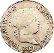 Spain 10 Reales 1861 KM# 611.3 Kingdom Decimal Coinage ISABEL 2A. POR LA G DE DIOS Y LA CONST 1861 coin obverse Spain 10 Reales 1861 KM# 611.3 Kingdom Decimal Coinage ISABEL 2A. POR LA G DE DIOS Y LA CONST 1861 coin obverse