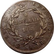 Spain 10 Rs Ferdinand VII 1821 SR KM# 560.2 REY DE LAS ESPAÑAS RESELLADO 10 RS S M R coin reverse Spain 10 Rs Ferdinand VII 1821 SR KM# 560.2 REY DE LAS ESPAÑAS RESELLADO 10 RS S M R coin reverse