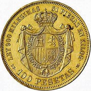 Spain 100 Pesetas Provisional Government 1870 SD-M KM# 664 LEY 900 MILESIMAS 31 PIEZAS EN KILOG S D 100 PESETAS M coin reverse Spain 100 Pesetas Provisional Government 1870 SD-M KM# 664 LEY 900 MILESIMAS 31 PIEZAS EN KILOG S D 100 PESETAS M coin reverse
