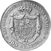 Spain 100 Pesetas 1871 SD-M KM# 668b Third Decimal Coinage LEY 900 MILESIMAS 31 PIEZAS EN KILOG S D 100 PESETAS M coin reverse Spain 100 Pesetas 1871 SD-M KM# 668b Third Decimal Coinage LEY 900 MILESIMAS 31 PIEZAS EN KILOG S D 100 PESETAS M coin reverse