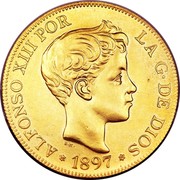 Spain 100 Pesetas Alfonso XIII 1897 (97) SG-V KM# 708 1897 ALFONSO XIII POR LA G DE DIOS coin obverse Spain 100 Pesetas Alfonso XIII 1897 (97) SG-V KM# 708 1897 ALFONSO XIII POR LA G DE DIOS coin obverse