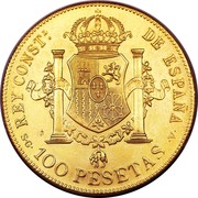 Spain 100 Pesetas Alfonso XIII 1897 (97) SG-V KM# 708 100 PESETAS REY CONSTL. DE ESPAÑA coin reverse Spain 100 Pesetas Alfonso XIII 1897 (97) SG-V KM# 708 100 PESETAS REY CONSTL. DE ESPAÑA coin reverse