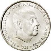Spain 100 Pesetas Francisco Franco 1966 (68) KM# 797 FRANCISCO FRANCO CAUDILLO DE ESPANA POR LA G. DE DIOS 19 1966 67 coin obverse Spain 100 Pesetas Francisco Franco 1966 (68) KM# 797 FRANCISCO FRANCO CAUDILLO DE ESPANA POR LA G. DE DIOS 19 1966 67 coin obverse