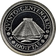 Spain 100 Pesetas Palenque 1989 Proof KM# 834 QUINTO CENTENARIO 100 PTAS coin reverse Spain 100 Pesetas Palenque 1989 Proof KM# 834 QUINTO CENTENARIO 100 PTAS coin reverse