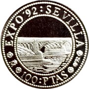 Spain 100 Pesetas Bridges 1992 Proof KM# 993 100 PTAS EXPO 92 SEVILLA coin reverse Spain 100 Pesetas Bridges 1992 Proof KM# 993 100 PTAS EXPO 92 SEVILLA coin reverse