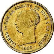 Spain 100 Reales 1850 RD KM# 594.3 Kingdom Decimal Coinage ISABEL 2 POR LA GRACIA DE DIOS Y LA CONST 1850 coin obverse Spain 100 Reales 1850 RD KM# 594.3 Kingdom Decimal Coinage ISABEL 2 POR LA GRACIA DE DIOS Y LA CONST 1850 coin obverse