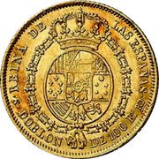 Spain 100 Reales 1850 RD KM# 594.3 Kingdom Decimal Coinage REINA DE LAS ESPAÑAS M DOBLON DE 100 RS CM coin reverse Spain 100 Reales 1850 RD KM# 594.3 Kingdom Decimal Coinage REINA DE LAS ESPAÑAS M DOBLON DE 100 RS CM coin reverse