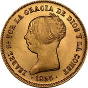 Spain 100 Reales Isabel II 1854 KM# 596.2 ISABEL 2A. POR LA GRACIA DE DIOS Y LA CONST 1854 coin obverse Spain 100 Reales Isabel II 1854 KM# 596.2 ISABEL 2A. POR LA GRACIA DE DIOS Y LA CONST 1854 coin obverse