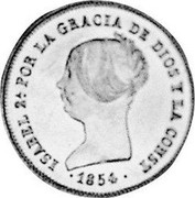 Spain 100 Reales Isabel II 1854 KM# 596.1 ISABEL 2A. POR LA GRACIA DE DIOS Y LA CONST 1854 coin obverse Spain 100 Reales Isabel II 1854 KM# 596.1 ISABEL 2A. POR LA GRACIA DE DIOS Y LA CONST 1854 coin obverse