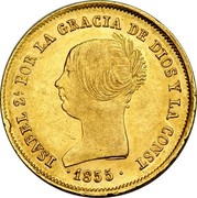 Spain 100 Reales Isabel II 1855 KM# 596.3 ISABEL 2A. POR LA G DE DIOS Y LA CONST 1855 coin obverse Spain 100 Reales Isabel II 1855 KM# 596.3 ISABEL 2A. POR LA G DE DIOS Y LA CONST 1855 coin obverse