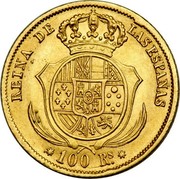 Spain 100 Reales Isabel II 1855 KM# 596.3 REINA DE LAS ESPAÑAS 100 RS coin reverse Spain 100 Reales Isabel II 1855 KM# 596.3 REINA DE LAS ESPAÑAS 100 RS coin reverse