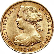 Spain 100 Reales Isabel II 1859 KM# 605.1 ISABEL 2A. POR LA G DE DIOS Y LA CONST 1859 coin obverse Spain 100 Reales Isabel II 1859 KM# 605.1 ISABEL 2A. POR LA G DE DIOS Y LA CONST 1859 coin obverse
