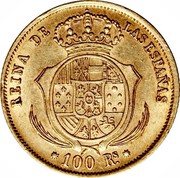 Spain 100 Reales Isabel II 1859 KM# 605.1 REINA DE LAS ESPAÑAS 100 RS coin reverse Spain 100 Reales Isabel II 1859 KM# 605.1 REINA DE LAS ESPAÑAS 100 RS coin reverse