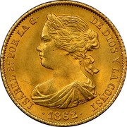 Spain 100 Reales Isabel II 1862 KM# 605.2 ISABEL 2A. POR LA G DE DIOS Y LA CONST 1862 coin obverse Spain 100 Reales Isabel II 1862 KM# 605.2 ISABEL 2A. POR LA G DE DIOS Y LA CONST 1862 coin obverse