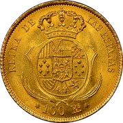 Spain 100 Reales Isabel II 1862 KM# 605.2 REINA DE LAS ESPAÑAS 100 RS coin reverse Spain 100 Reales Isabel II 1862 KM# 605.2 REINA DE LAS ESPAÑAS 100 RS coin reverse