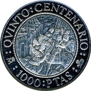 Spain 1000 Pesetas Capture of Granada 1989 Proof KM# 837 QUINTO CENTENARIO 1000 PTAS coin reverse Spain 1000 Pesetas Capture of Granada 1989 Proof KM# 837 QUINTO CENTENARIO 1000 PTAS coin reverse