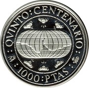 Spain 1000 Pesetas Magallanes and Elcano 1990 Proof KM# 858 1000 PTAS M QVINTO CENTENARIO coin reverse Spain 1000 Pesetas Magallanes and Elcano 1990 Proof KM# 858 1000 PTAS M QVINTO CENTENARIO coin reverse