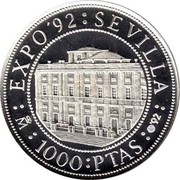 Spain 1000 Pesetas General Archive of the Indies 1992 Proof KM# 996 EXPO 92 SEVILLA 1000 PTAS coin reverse Spain 1000 Pesetas General Archive of the Indies 1992 Proof KM# 996 EXPO 92 SEVILLA 1000 PTAS coin reverse