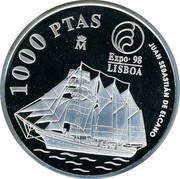 Spain 1000 Pesetas Lisbon Expo 1998 Proof KM# 1000 1000 PTAS JUAN SEBASTIÁN DE ELCANO EXPO 98 LISBOA coin reverse Spain 1000 Pesetas Lisbon Expo 1998 Proof KM# 1000 1000 PTAS JUAN SEBASTIÁN DE ELCANO EXPO 98 LISBOA coin reverse