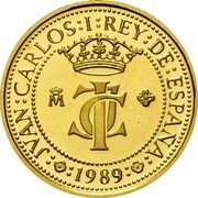 Spain 10000 Pesetas Armillary sphere 1989 Proof KM# 842 JVAN:CARLOS I REY DE ESPAÑA M JCI 1989 coin obverse