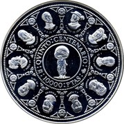 Spain 10000 Pesetas Discoverers and Liberators 1991 KM# 896 J. PONCE DE LEON M. LOPEZ DE LEGAZPI F. DE PAULA SANTAHOER F. DE MIRANDA J. J. FLORES B. O'HIGGINS H. DE SOTO V. NUNEZ DE BALBOA P. DE VALDIVIA A. S. DE SUCRE QVINTO CENTENARIO M 10000 PTAS 500 coin reverse Spain 10000 Pesetas Discoverers and Liberators 1991 KM# 896 J. PONCE DE LEON M. LOPEZ DE LEGAZPI F. DE PAULA SANTAHOER F. DE MIRANDA J. J. FLORES B. O'HIGGINS H. DE SOTO V. NUNEZ DE BALBOA P. DE VALDIVIA A. S. DE SUCRE QVINTO CENTENARIO M 10000 PTAS 500 coin reverse