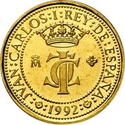 Spain 10000 Pesetas Screw press 1992 Proof KM# 1002 JVAN CARLOS I REY DE ESPAÑA M JCI 1992 coin obverse Spain 10000 Pesetas Screw press 1992 Proof KM# 1002 JVAN CARLOS I REY DE ESPAÑA M JCI 1992 coin obverse
