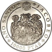 Spain 10000 Pesetas Cathedral and pilgrims 1993 Proof KM# 928 AÑO SANTO JACOBEO 10000 PTAS coin reverse Spain 10000 Pesetas Cathedral and pilgrims 1993 Proof KM# 928 AÑO SANTO JACOBEO 10000 PTAS coin reverse