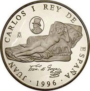Spain 10000 Pesetas The Nude Maja 1996 Proof KM# 970 JUAN CARLOS I REY DE ESPAÑA M FRAN DE GOYA 1996 coin obverse Spain 10000 Pesetas The Nude Maja 1996 Proof KM# 970 JUAN CARLOS I REY DE ESPAÑA M FRAN DE GOYA 1996 coin obverse