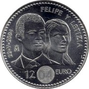 Spain 12 Euro Royal Wedding of Prince Philip and Letizia Ortiz 2004 M KM# 1069 FELIPE Y LETIZIA 22 - V - 2004 M 12 EURO coin reverse Spain 12 Euro Royal Wedding of Prince Philip and Letizia Ortiz 2004 M KM# 1069 FELIPE Y LETIZIA 22 - V - 2004 M 12 EURO coin reverse