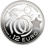 Spain 12 Euro 10 Years OF European Monetary Union 2009 Proof KM# 1212 X ANIVERSARIO UNIÓN ÉCONÓMICA Y MONETARIA M 10 12 EURO coin reverse Spain 12 Euro 10 Years OF European Monetary Union 2009 Proof KM# 1212 X ANIVERSARIO UNIÓN ÉCONÓMICA Y MONETARIA M 10 12 EURO coin reverse